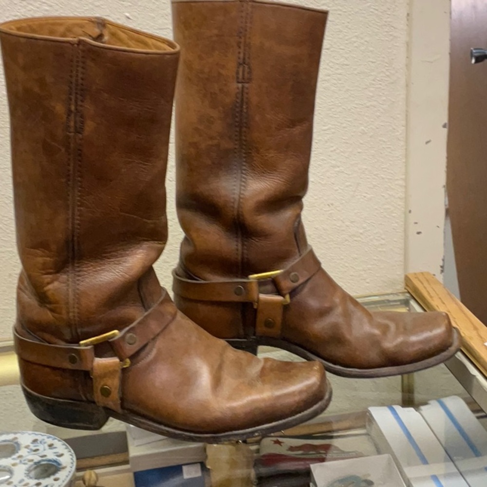 Vintage Frye Mens Motorcycle Boots 10d Brown Leather Black Label Harness Riding